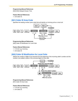 Page 732.2 PT Programming—Procedures
Programming Manual 73
Programming Manual References
[504] DISA Delayed Answer Time
Feature Manual References
1.1.30 Caller ID
[901] Caller ID Area Code
Specifies the leading number (area code) that will identify an incoming call as a local call.
Programming Manual References
[902] Caller ID Modification for Local Calls
Feature Manual References
1.1.18 Call Log, Incoming
1.1.30 Caller ID
[902] Caller ID Modification for Local Calls
Selects the number of digits to be removed...