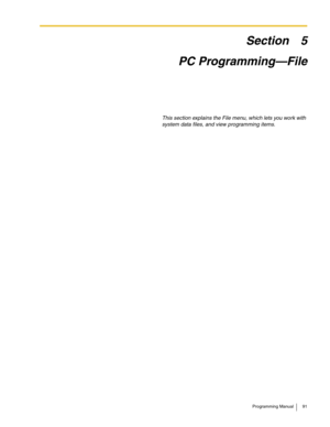 Page 91Programming Manual 91
Section 5
PC Programming—File
This section explains the File menu, which lets you work with 
system data files, and view programming items. 
