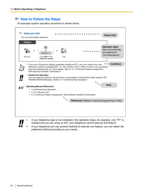 Page 201.1 Before Operating a Telephone
20 Operating Manual
 How to Follow the Steps
An example system operation procedure is shown below.
 If your telephone type is not included in the operation steps, for example, only PT is 
marked and you are using an SLT, your telephone cannot execute that feature.
 If your telephone can use several methods to execute one feature, you can select the 
preferred method according to your needs.
 Intercom Call
 
If you use a Panasonic display proprietary telephone (PT), you...