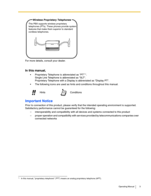 Page 3Operating Manual 3
In this manual,
• Proprietary Telephone is abbreviated as PT*1. 
Single Line Telephone is abbreviated as SLT.
Proprietary Telephone with a Display is abbreviated as Display PT.
 The following icons are used as hints and conditions throughout this manual. For more details, consult your dealer.
*1In this manual, proprietary telephone (PT) means an analog proprietary telephone (APT).
Important Notice
Prior to connection of this product, please verify that the intended operating...