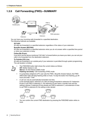 Page 421.3 Telephone Features
42 Operating Manual
1.3.9 Call Forwarding (FWD)—SUMMARY
You can have your incoming calls forwarded to a specified destination.
The following methods are available:
All Calls:
All calls are forwarded to a specified extension regardless of the status of your extension.
Busy/No Answer (BSY/NA):
All calls are forwarded to a specified extension when you do not answer within a specified time period 
or when your extension is busy.
Follow Me (From):
If you fail to set the above-mentioned...