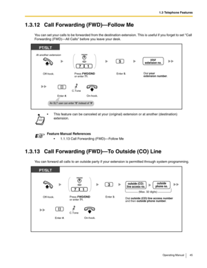 Page 451.3 Telephone Features
Operating Manual 45
1.3.12 Call Forwarding (FWD)—Follow Me
You can set your calls to be forwarded from the destination extension. This is useful if you forget to set Call 
Forwarding (FWD)—All Calls before you leave your desk.
1.3.13 Call Forwarding (FWD)—To Outside (CO) Line
You can forward all calls to an outside party if your extension is permitted through system programming. This feature can be canceled at your (original) extension or at another (destination) 
extension....