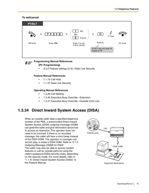 Page 751.3 Telephone Features
Operating Manual 75
To set/cancel
1.3.34 Direct Inward System Access (DISA)
Programming Manual References
[PC Programming]
 9.2.2 Feature settings [2-2]—Data Line Security
Feature Manual References
 1.1.15 Call Hold
 1.1.37 Data Line Security
Operating Manual References
 1.3.28 Call Waiting
 1.3.40 Executive Busy Override—Extension
 1.3.41 Executive Busy Override—Outside (CO) Line
When an outside caller dials a specified telephone 
number of the PBX, a prerecorded Direct...