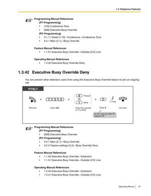 Page 871.3 Telephone Features
Operating Manual 87
1.3.42 Executive Busy Override Deny
You can prevent other extension users from using the Executive Busy Override feature to join an ongoing 
call.Programming Manual References
[PT Programming]
 [105] Conference Tone
 [608] Executive Busy Override
[PC Programming]
 9.1.11 Detail [1-10]—Conference—Conference Tone
 9.2.1 Main [2-1]—Busy Override
Feature Manual References
 1.1.51 Executive Busy Override—Outside (CO) Line
Operating Manual References
 1.3.42...