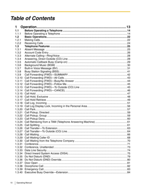 Page 1010 Operating Manual
Table of Contents
1 Operation............................................................................................... 13
1.1 Before Operating a Telephone ....................................................................................... 14
1.1.1 Before Operating a Telephone .......................................................................................... 14
1.2 Basic...