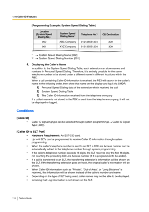 Page 1161.16 Caller ID Features
116 Feature Guide
[Programming Example: System Speed Dialing Table]
4.Displaying the Caller’s Name
In addition to the System Speed Dialing Table, each extension can store names and 
numbers in Personal Speed Dialing. Therefore, it is entirely possible for the same 
telephone number to be stored under a different name in different locations within the 
PBX.
When a call containing Caller ID information is received, the PBX will search for the caller’s 
name in the following order,...