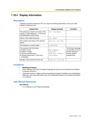Page 1291.18 Proprietary Telephone (PT) Features
Feature Guide 129
1.18.4 Display Information
Description
A display proprietary telephone (PT) can relay the following information to the user while 
making or receiving calls:
Conditions
Multilingual Display
Each extension can select its display language through personal programming (Display 
Language Selection). 
Characters (name) or digits (number) exceeding the display’s limitations are not displayed. 
Although in this case information may not be displayed...