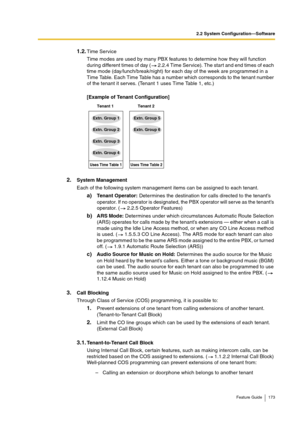 Page 1732.2 System Configuration—Software
Feature Guide 173
1.2.Time Service
Time modes are used by many PBX features to determine how they will function 
during different times of day (  2.2.4 Time Service). The start and end times of each 
time mode (day/lunch/break/night) for each day of the week are programmed in a 
Time Table. Each Time Table has a number which corresponds to the tenant number 
of the tenant it serves. (Tenant 1 uses Time Table 1, etc.)
[Example of Tenant Configuration]
2.System Management...