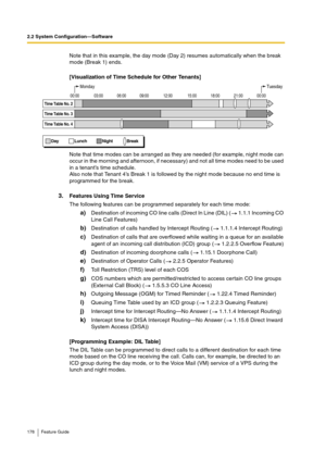 Page 1782.2 System Configuration—Software
178 Feature Guide
Note that in this example, the day mode (Day 2) resumes automatically when the break 
mode (Break 1) ends.
[Visualization of Time Schedule for Other Tenants]
Note that time modes can be arranged as they are needed (for example, night mode can 
occur in the morning and afternoon, if necessary) and not all time modes need to be used 
in a tenant’s time schedule.
Also note that Tenant 4’s Break 1 is followed by the night mode because no end time is...