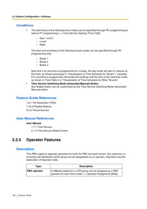 Page 1802.2 System Configuration—Software
180 Feature Guide
Conditions
The start times of the following time modes can be specified through PC programming as 
well as PT programming (  Time Service Starting Time [102]).
The start and end times of the following break modes can be specified through PC 
programming only.
Note that if an end time is programmed for a break, the day mode will start or resume at 
this time, as shown previously in Visualization of Time Schedule for Tenant 1 example. 
If no end time is...