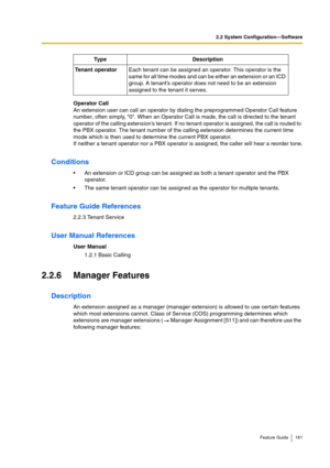 Page 1812.2 System Configuration—Software
Feature Guide 181
Operator Call
An extension user can call an operator by dialing the preprogrammed Operator Call feature 
number, often simply, 0. When an Operator Call is made, the call is directed to the tenant 
operator of the calling extension’s tenant. If no tenant operator is assigned, the call is routed to 
the PBX operator. The tenant number of the calling extension determines the current time 
mode which is then used to determine the current PBX operator.
If...