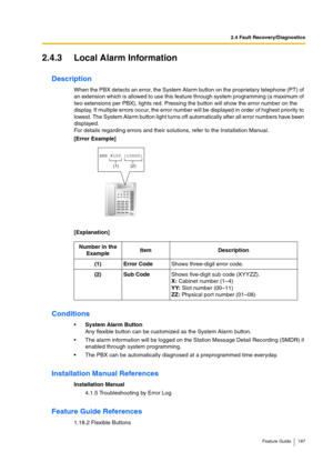 Page 1972.4 Fault Recovery/Diagnostics
Feature Guide 197
2.4.3 Local Alarm Information
Description
When the PBX detects an error, the System Alarm button on the proprietary telephone (PT) of 
an extension which is allowed to use this feature through system programming (a maximum of 
two extensions per PBX), lights red. Pressing the button will show the error number on the 
display. If multiple errors occur, the error number will be displayed in order of highest priority to 
lowest. The System Alarm button light...