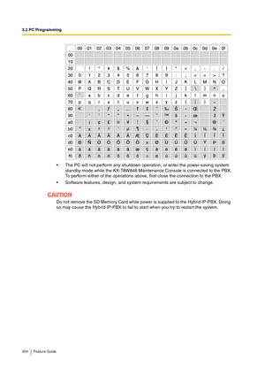 Page 2043.2 PC Programming
204 Feature Guide
The PC will not perform any shutdown operation, or enter the power-saving system 
standby mode while the KX-TAW848 Maintenance Console is connected to the PBX.
To perform either of the operations above, first close the connection to the PBX.
Software features, design, and system requirements are subject to change.
CAUTION
Do not remove the SD Memory Card while power is supplied to the Hybrid IP-PBX. Doing 
so may cause the Hybrid IP-PBX to fail to start when you try...