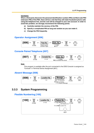 Page 2093.3 PT Programming
Feature Guide 209
WARNINGWhen a third party discovers the personal identification number (PIN) (verified code PIN/
extension PIN) of the PBX, there will be a risk that they will make fraudulent phone calls 
using the telephone line, and the cost will be charged to your own account. In order to 
avoid this problem, we strongly recommend the following points:
a)Carefully maintain the secrecy of the PIN.
b)Specify a complicated PIN as long and random as you can make it.
c)Change the PIN...