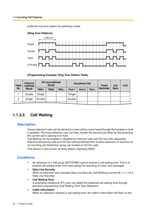 Page 221.1 Incoming Call Features
22 Feature Guide
preferred ring tone pattern by selecting a table.
[Ring Tone Patterns]
[Programming Example: Ring Tone Pattern Table]
1.1.3.3 Call Waiting
Description
A busy extension user can be alerted to a new call by a tone heard through the handset or built-
in speaker. The busy extension user can then answer the second call either by disconnecting 
the current call or placing it on hold.
Call Waiting can be enabled or disabled for intercom calls and CO line calls...