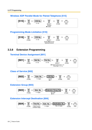 Page 2223.3 PT Programming
222 Feature Guide
Wireless XDP Parallel Mode for Paired Telephone [515]
Programming Mode Limitation [516]
3.3.8 Extension Programming
Terminal Device Assignment [601]
Class of Service [602]
Extension Group [603]
Extension Intercept Destination [604]
     Disable/
     Enable
[515]01–64COS No.
STORESTOREENDSELECT
[516]01–64COS No.
     Disable/    Personal/
     System&PersonalSTORESTOREENDSELECT
[601]Slot No.01–08Port No.
Telephone/Console 1–4/
Voice Mail 1–(1–4)...