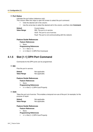 Page 2464.1 Configuration [1]
246 Feature Guide
Port Status
Indicates the port status (reference only).
This column offers two ways to open the screen to select the port command:
Click the desired cell in the column.
Use the arrow key to select the desired cell in the column, and then click Command.
4.1.5 Slot [1-1] DPH Port Command
Commands for the DPH ports can be programmed.
INS
Puts the port in service.
OUS
Takes the port out of service. This enables a temporal non-use of the port, for example, for the...