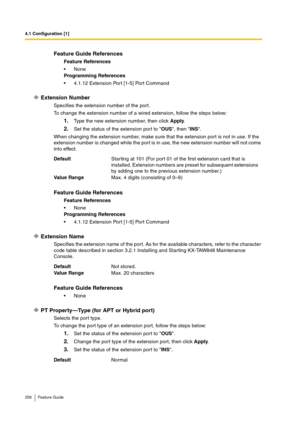 Page 2564.1 Configuration [1]
256 Feature Guide
Extension Number
Specifies the extension number of the port. 
To change the extension number of a wired extension, follow the steps below:
1.Type the new extension number, then click Apply.
2.Set the status of the extension port to OUS, then INS.
When changing the extension number, make sure that the extension port is not in use. If the 
extension number is changed while the port is in use, the new extension number will not come 
into effect.
Extension Name...