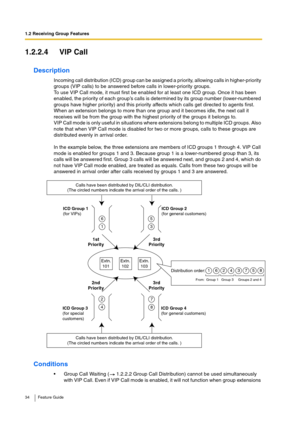 Page 341.2 Receiving Group Features
34 Feature Guide
1.2.2.4 VIP Call
Description
Incoming call distribution (ICD) group can be assigned a priority, allowing calls in higher-priority 
groups (VIP calls) to be answered before calls in lower-priority groups.
To use VIP Call mode, it must first be enabled for at least one ICD group. Once it has been 
enabled, the priority of each group’s calls is determined by its group number (lower-numbered 
groups have higher priority) and this priority affects which calls get...