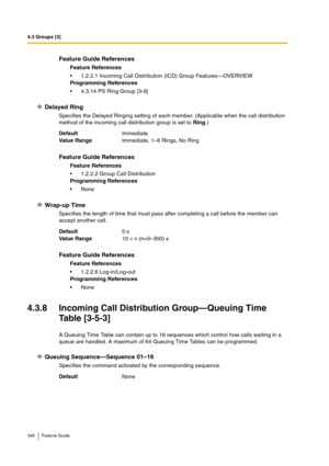 Page 3464.3 Groups [3]
346 Feature Guide
Delayed Ring
Specifies the Delayed Ringing setting of each member. (Applicable when the call distribution 
method of the incoming call distribution group is set to Ring.)
Wrap-up Time
Specifies the length of time that must pass after completing a call before the member can 
accept another call.
4.3.8 Incoming Call Distribution Group—Queuing Time 
Table [3-5-3]
A Queuing Time Table can contain up to 16 sequences which control how calls waiting in a 
queue are handled. A...