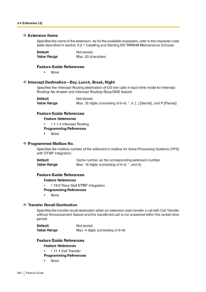 Page 3644.4 Extension [4]
364 Feature Guide
Extension Name
Specifies the name of the extension. As for the available characters, refer to the character code 
table described in section 3.2.1 Installing and Starting KX-TAW848 Maintenance Console.
Intercept Destination—Day, Lunch, Break, Night
Specifies the Intercept Routing destination of CO line calls in each time mode for Intercept 
Routing–No Answer and Intercept Routing–Busy/DND feature.
Programmed Mailbox No.
Specifies the mailbox number of the extension’s...