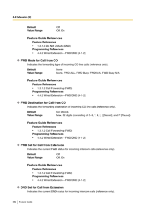 Page 3824.4 Extension [4]
382 Feature Guide
FWD Mode for Call from CO
Indicates the forwarding type of incoming CO line calls (reference only).
FWD Destination for Call from CO
Indicates the forwarding destination of incoming CO line calls (reference only).
FWD Set for Call from Extension
Indicates the current FWD status for incoming intercom calls (reference only).
DND Set for Call from Extension
Indicates the current DND status for incoming intercom calls (reference only). DefaultOff
Va lu e  Ra n g eOff, On...