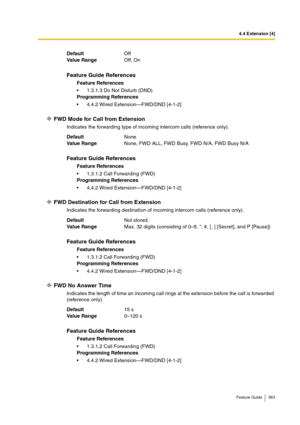 Page 3834.4 Extension [4]
Feature Guide 383
FWD Mode for Call from Extension
Indicates the forwarding type of incoming intercom calls (reference only).
FWD Destination for Call from Extension
Indicates the forwarding destination of incoming intercom calls (reference only).
FWD No Answer Time
Indicates the length of time an incoming call rings at the extension before the call is forwarded 
(reference only). DefaultOff
Va lu e  Ra n g eOff, On
Feature Guide References
Feature References
1.3.1.3 Do Not Disturb...