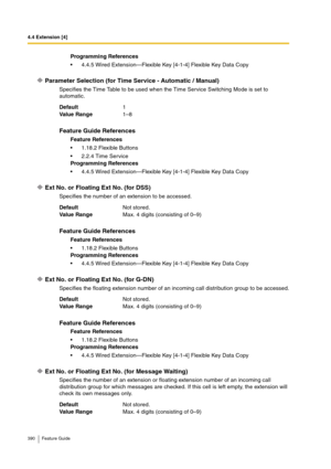 Page 3904.4 Extension [4]
390 Feature Guide
Parameter Selection (for Time Service - Automatic / Manual)
Specifies the Time Table to be used when the Time Service Switching Mode is set to 
automatic.
Ext No. or Floating Ext No. (for DSS)
Specifies the number of an extension to be accessed.
Ext No. or Floating Ext No. (for G-DN)
Specifies the floating extension number of an incoming call distribution group to be accessed.
Ext No. or Floating Ext No. (for Message Waiting)
Specifies the number of an extension or...