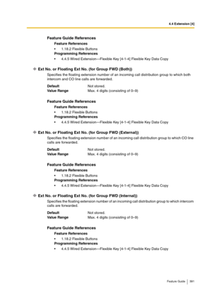 Page 3914.4 Extension [4]
Feature Guide 391
Ext No. or Floating Ext No. (for Group FWD (Both))
Specifies the floating extension number of an incoming call distribution group to which both 
intercom and CO line calls are forwarded.
Ext No. or Floating Ext No. (for Group FWD (External))
Specifies the floating extension number of an incoming call distribution group to which CO line 
calls are forwarded.
Ext No. or Floating Ext No. (for Group FWD (Internal))
Specifies the floating extension number of an incoming...