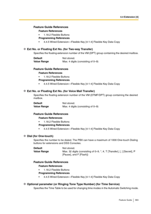 Page 3934.4 Extension [4]
Feature Guide 393
Ext No. or Floating Ext No. (for Two-way Transfer)
Specifies the floating extension number of the VM (DPT) group containing the desired mailbox.
Ext No. or Floating Ext No. (for Voice Mail Transfer)
Specifies the floating extension number of the VM (DTMF/DPT) group containing the desired 
mailbox.
Dial (for One-touch)
Specifies the number to be dialed. The PBX can have a maximum of 1000 One-touch Dialing 
buttons for extensions and DSS Consoles.
Optional parameter (or...