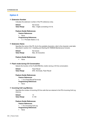 Page 4064.4 Extension [4]
406 Feature Guide
Option 6
Extension Number
Indicates the extension number of the PS (reference only).
Extension Name
Specifies the name of the PS. As for the available characters, refer to the character code table 
described in section 3.2.1 Installing and Starting KX-TAW848 Maintenance Console.
Flash mode during CO Conversation
Selects the function of the FLASH/RECALL button during a CO line conversation.
Incoming Call Log Memory
Specifies the number of incoming CO line calls that are...