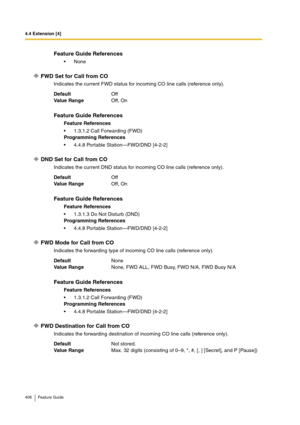 Page 4084.4 Extension [4]
408 Feature Guide
FWD Set for Call from CO
Indicates the current FWD status for incoming CO line calls (reference only).
DND Set for Call from CO
Indicates the current DND status for incoming CO line calls (reference only).
FWD Mode for Call from CO
Indicates the forwarding type of incoming CO line calls (reference only).
FWD Destination for Call from CO
Indicates the forwarding destination of incoming CO line calls (reference only).
Feature Guide References
None
DefaultOff
Va lu e  Ra...