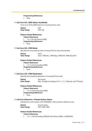 Page 4114.4 Extension [4]
Feature Guide 411
Call from CO—DND Status Availability
Turns on or off the DND feature for incoming CO line calls.
Call from CO—FWD Mode
Specifies the circumstances when incoming CO line calls are forwarded.
Call from CO—FWD Destination
Specifies the forwarding destination of incoming CO line calls.
Call from Extension—Present Button Status
Indicates the current status of the FWD/DND—Internal button (reference only). Programming References
None
DefaultOFF
Va lu e  Ra n g eOFF, ON...