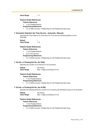 Page 4234.4 Extension [4]
Feature Guide 423
Parameter Selection (for Time Service - Automatic / Manual)
Specifies the Time Table to be used when the Time Service Switching Mode is set to 
automatic.
Ext No. or Floating Ext No. (for DSS)
Specifies the number of an extension to be accessed.
Ext No. or Floating Ext No. (for G-DN)
Specifies the floating extension number of an incoming call distribution group to be accessed. Va lu e  Ra n g e1–7
Feature Guide References
Feature References
1.18.2 Flexible Buttons...