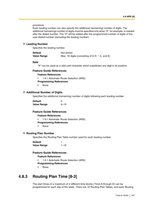 Page 4474.8 ARS [8]
Feature Guide 447
procedure. 
Each leading number can also specify the additional (remaining) number of digits. The 
additional (remaining) number of digits must be specified only when #, for example, is needed 
after the dialed number. The # will be added after the programmed number of digits of the 
user-dialed number (excluding the leading number).
Leading Number
Specifies the leading number.
Note
X can be used as a wild card character which substitutes any digit in its position....