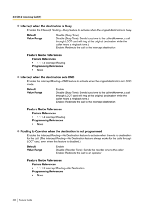 Page 4564.9 CO & Incoming Call [9]
456 Feature Guide
Intercept when the destination is Busy
Enables the Intercept Routing—Busy feature to activate when the original destination is busy.
Intercept when the destination sets DND
Enables the Intercept Routing—DND feature to activate when the original destination is in DND 
mode.
Routing to Operator when the destination is not programmed
Enables the Intercept Routing—No Destination feature to activate when there is no destination 
for the call. (The Intercept...