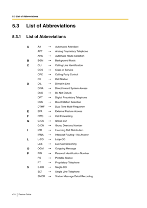 Page 4745.3 List of Abbreviations
474 Feature Guide
5.3 List of Abbreviations
5.3.1 List of Abbreviations
AAA Automated Attendant
APT Analog Proprietary Telephone
ARS Automatic Route Selection
BBGM Background Music
CCLI Calling Line Identification
COS Class of Service
CPC Calling Party Control
CS Cell Station
DDIL Direct In Line
DISA Direct Inward System Access
DND Do Not Disturb
DPT Digital Proprietary Telephone
DSS Direct Station Selection
DTMF Dual Tone Multi-Frequency
EEFA External Feature Access
FFWD Call...