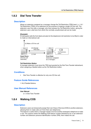 Page 731.8 Toll Restriction (TRS) Features
Feature Guide 73
1.8.3 Dial Tone Transfer
Description
Allows an extension assigned as a manager change the Toll Restriction (TRS) level (  1.8.1 
Toll Restriction (TRS)) of an extension for the purpose of making a single CO line call. The 
extension user first calls a manager, who then presses the Toll Restriction button, giving the 
extension user a dial tone from which the normally unauthorized call can be made.
[Example]
A hotel guest calls the front desk and asks...