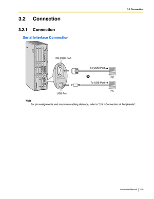 Page 1093.2 Connection
Installation Manual 109
3.2 Connection
3.2.1 Connection
Serial Interface Connection
Note
For pin assignments and maximum cabling distance, refer to 2.9.1 Connection of Peripherals.
PC
PC
To USB Port To COM Port
USB Port RS-232C Port 