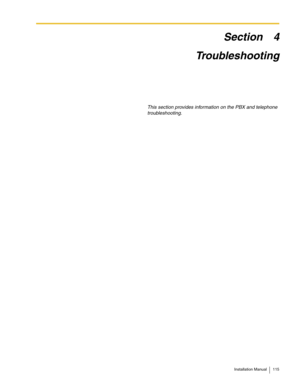 Page 115Installation Manual 115
Section 4
Troubleshooting
This section provides information on the PBX and telephone 
troubleshooting. 