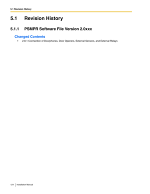 Page 1245.1 Revision History
124 Installation Manual
5.1 Revision History
5.1.1 PSMPR Software File Version 2.0xxx
Changed Contents
 2.8.1 Connection of Doorphones, Door Openers, External Sensors, and External Relays 