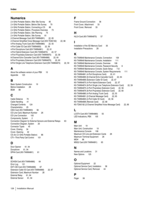 Page 128Index  
128 Installation Manual
Numerics
2.4 GHz Portable Station, After Site Survey 85
2.4 GHz Portable Station, Before Site Survey
 79
2.4 GHz Portable Station, Connecting a CS
 86
2.4 GHz Portable Station, Procedure Overview
 73
2.4 GHz Portable Station, Site Planning
 75
2.4 GHz Portable Station, Site Survey
 81
2-Channel Message Card (KX-TAW84891)
 22, 65
2-Channel Simplified Voice Message Card (KX-TDA5192)
 22, 66
4-Port Analog Trunk Card (KX-TAW84880)
 22, 55
4-Port Caller ID Card (KX-TAW84893)...