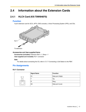 Page 572.4 Information about the Extension Cards
Installation Manual 57
2.4 Information about the Extension Cards
2.4.1 HLC4 Card (KX-TAW84870)
Function
4-port extension card for SLTs, APTs, DSS consoles, a Voice Processing System (VPS), and CSs.
Accessories and User-supplied Items
Accessories (included): Extension Bolt × 1, Strap × 1
User-supplied (not included): RJ11 connector
Note
For details about connecting the CS, refer to 2.7.7 Connecting a Cell Station to the PBX.
Pin Assignments
RJ11 Connector
Signal...