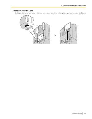 Page 692.5 Information about the Other Cards
Installation Manual 69
Removing the RMT Card
Pull open the guide rails using a flathead screwdriver and, while holding them open, remove the RMT card. 