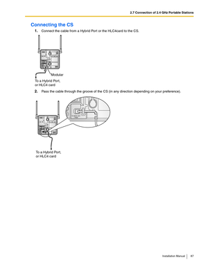 Page 872.7 Connection of 2.4 GHz Portable Stations
Installation Manual 87
Connecting the CS
1.Connect the cable from a Hybrid Port or the HLC4card to the CS.
2.Pass the cable through the groove of the CS (in any direction depending on your preference).
Modular
To a Hybrid Port,
or HLC4 card
To a Hybrid Port,
or HLC4 card
TO MAIN UNIT
/ PABX 