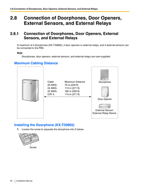 Page 942.8 Connection of Doorphones, Door Openers, External Sensors, and External Relays
94 Installation Manual
2.8 Connection of Doorphones, Door Openers, 
External Sensors, and External Relays
2.8.1 Connection of Doorphones, Door Openers, External 
Sensors, and External Relays
A maximum of 4 doorphones (KX-T30865), 4 door openers or external relays, and 4 external sensors can 
be connected to the PBX.
Note
Doorphones, door openers, external sensors, and external relays are user-supplied.
Maximum Cabling...