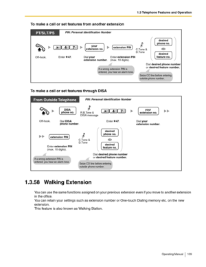 Page 1091.3 Telephone Features and Operation
Operating Manual 109
To make a call or set features from another extension
To make a call or set features through DISA
1.3.58 Walking Extension
You can use the same functions assigned on your previous extension even if you move to another extension 
in the office. 
You can retain your settings such as extension number or One-touch Dialing memory etc. on the new 
extension.
This feature is also known as Walking Station.
Off-hook.
PT/SLT/PS
74
Enter    47. 
extension...