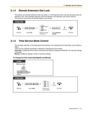 Page 1212.1 Manager Service Features
Operating Manual 121
2.1.4 Remote Extension Dial Lock
This feature can override Extension Dial Lock (refer to 1.3.24 Extension Dial Lock) that has been set by an 
extension user. If the manager extension locks the extension, the extension user cannot unlock it.
This feature is also known as Remote Station Lock Control.
2.1.5 Time Service Mode Control
The manager extension or the preprogrammed extension can change the time mode (Day, Lunch, Break or 
Night).
There are two...