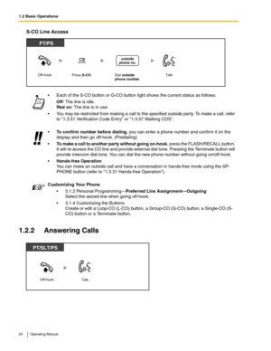 Page 241.2 Basic Operations
24 Operating Manual
S-CO Line Access
1.2.2 Answering Calls
 Each of the S-CO button or G-CO button light shows the current status as follows:
Off: The line is idle.
Red on: The line is in use.
 You may be restricted from making a call to the specified outside par ty. To make a call, refer 
to 1.3.51 Verification Code Entry or 1.3.57 Walking COS.
To confirm number before dialing, you can enter a phone number and confirm it on the 
display and then go off-hook. (Predialing)
To make...