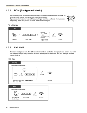 Page 301.3 Telephone Features and Operation
30 Operating Manual
1.3.5 BGM (Background Music)
To set/cancel
1.3.6 Call Hold
There are two types of hold. The difference between them is whether other people can retrieve your held 
call (Regular Hold) or not (Exclusive Call Hold). As they can be alternated, ask your manager what the 
current mode is.
Call Hold
You can listen to the background music through your telephone speaker while on-hook. An 
external music source, such as a radio, must be connected.
If your...